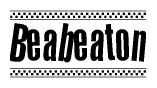 The image is a black and white clipart of the text Beabeaton in a bold, italicized font. The text is bordered by a dotted line on the top and bottom, and there are checkered flags positioned at both ends of the text, usually associated with racing or finishing lines.