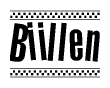 The image contains the text Biillen in a bold, stylized font, with a checkered flag pattern bordering the top and bottom of the text.