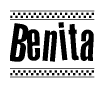 The image contains the text Benita in a bold, stylized font, with a checkered flag pattern bordering the top and bottom of the text.
