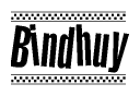 The image contains the text Bindhuy in a bold, stylized font, with a checkered flag pattern bordering the top and bottom of the text.