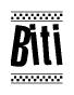 The image is a black and white clipart of the text Biti in a bold, italicized font. The text is bordered by a dotted line on the top and bottom, and there are checkered flags positioned at both ends of the text, usually associated with racing or finishing lines.