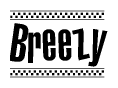 The image contains the text Breezy in a bold, stylized font, with a checkered flag pattern bordering the top and bottom of the text.