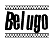 The image is a black and white clipart of the text Belugo in a bold, italicized font. The text is bordered by a dotted line on the top and bottom, and there are checkered flags positioned at both ends of the text, usually associated with racing or finishing lines.