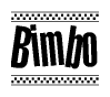 The image is a black and white clipart of the text Bimbo in a bold, italicized font. The text is bordered by a dotted line on the top and bottom, and there are checkered flags positioned at both ends of the text, usually associated with racing or finishing lines.