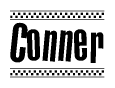 The clipart image displays the text Conner in a bold, stylized font. It is enclosed in a rectangular border with a checkerboard pattern running below and above the text, similar to a finish line in racing. 