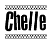 The image contains the text Chelle in a bold, stylized font, with a checkered flag pattern bordering the top and bottom of the text.