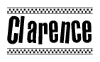 The image contains the text Clarence in a bold, stylized font, with a checkered flag pattern bordering the top and bottom of the text.