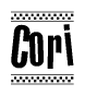 The clipart image displays the text Cori in a bold, stylized font. It is enclosed in a rectangular border with a checkerboard pattern running below and above the text, similar to a finish line in racing. 