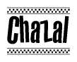 The image is a black and white clipart of the text Chazal in a bold, italicized font. The text is bordered by a dotted line on the top and bottom, and there are checkered flags positioned at both ends of the text, usually associated with racing or finishing lines.