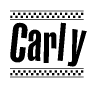 The image is a black and white clipart of the text Carly in a bold, italicized font. The text is bordered by a dotted line on the top and bottom, and there are checkered flags positioned at both ends of the text, usually associated with racing or finishing lines.