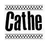 The image is a black and white clipart of the text Cathe in a bold, italicized font. The text is bordered by a dotted line on the top and bottom, and there are checkered flags positioned at both ends of the text, usually associated with racing or finishing lines.