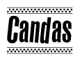 The image contains the text Candas in a bold, stylized font, with a checkered flag pattern bordering the top and bottom of the text.