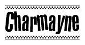 The image contains the text Charmayne in a bold, stylized font, with a checkered flag pattern bordering the top and bottom of the text.