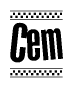 The clipart image displays the text Cem in a bold, stylized font. It is enclosed in a rectangular border with a checkerboard pattern running below and above the text, similar to a finish line in racing. 