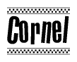 The image is a black and white clipart of the text Cornel in a bold, italicized font. The text is bordered by a dotted line on the top and bottom, and there are checkered flags positioned at both ends of the text, usually associated with racing or finishing lines.