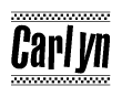 The clipart image displays the text Carlyn in a bold, stylized font. It is enclosed in a rectangular border with a checkerboard pattern running below and above the text, similar to a finish line in racing. 
