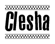 The image is a black and white clipart of the text Clesha in a bold, italicized font. The text is bordered by a dotted line on the top and bottom, and there are checkered flags positioned at both ends of the text, usually associated with racing or finishing lines.