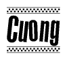 The image is a black and white clipart of the text Cuong in a bold, italicized font. The text is bordered by a dotted line on the top and bottom, and there are checkered flags positioned at both ends of the text, usually associated with racing or finishing lines.