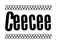 The image contains the text Ceecee in a bold, stylized font, with a checkered flag pattern bordering the top and bottom of the text.