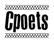 The image is a black and white clipart of the text Cpoets in a bold, italicized font. The text is bordered by a dotted line on the top and bottom, and there are checkered flags positioned at both ends of the text, usually associated with racing or finishing lines.