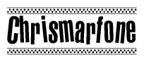 The image is a black and white clipart of the text Chrismarfone in a bold, italicized font. The text is bordered by a dotted line on the top and bottom, and there are checkered flags positioned at both ends of the text, usually associated with racing or finishing lines.