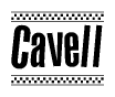 The image is a black and white clipart of the text Cavell in a bold, italicized font. The text is bordered by a dotted line on the top and bottom, and there are checkered flags positioned at both ends of the text, usually associated with racing or finishing lines.