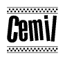 The clipart image displays the text Cemil in a bold, stylized font. It is enclosed in a rectangular border with a checkerboard pattern running below and above the text, similar to a finish line in racing. 