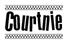 The image is a black and white clipart of the text Courtnie in a bold, italicized font. The text is bordered by a dotted line on the top and bottom, and there are checkered flags positioned at both ends of the text, usually associated with racing or finishing lines.