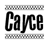 The clipart image displays the text Cayce in a bold, stylized font. It is enclosed in a rectangular border with a checkerboard pattern running below and above the text, similar to a finish line in racing. 