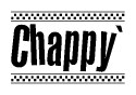 The image is a black and white clipart of the text Chappy` in a bold, italicized font. The text is bordered by a dotted line on the top and bottom, and there are checkered flags positioned at both ends of the text, usually associated with racing or finishing lines.