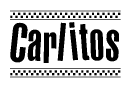 The image is a black and white clipart of the text Carlitos in a bold, italicized font. The text is bordered by a dotted line on the top and bottom, and there are checkered flags positioned at both ends of the text, usually associated with racing or finishing lines.