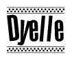 The image contains the text Dyelle in a bold, stylized font, with a checkered flag pattern bordering the top and bottom of the text.
