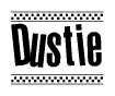 The clipart image displays the text Dustie in a bold, stylized font. It is enclosed in a rectangular border with a checkerboard pattern running below and above the text, similar to a finish line in racing. 