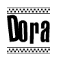 The image is a black and white clipart of the text Dora in a bold, italicized font. The text is bordered by a dotted line on the top and bottom, and there are checkered flags positioned at both ends of the text, usually associated with racing or finishing lines.