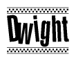 The clipart image displays the text Dwight in a bold, stylized font. It is enclosed in a rectangular border with a checkerboard pattern running below and above the text, similar to a finish line in racing. 