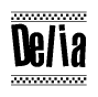 The image is a black and white clipart of the text Delia in a bold, italicized font. The text is bordered by a dotted line on the top and bottom, and there are checkered flags positioned at both ends of the text, usually associated with racing or finishing lines.