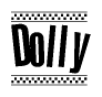 The clipart image displays the text Dolly in a bold, stylized font. It is enclosed in a rectangular border with a checkerboard pattern running below and above the text, similar to a finish line in racing. 