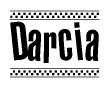 The clipart image displays the text Darcia in a bold, stylized font. It is enclosed in a rectangular border with a checkerboard pattern running below and above the text, similar to a finish line in racing. 
