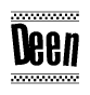 The image is a black and white clipart of the text Deen in a bold, italicized font. The text is bordered by a dotted line on the top and bottom, and there are checkered flags positioned at both ends of the text, usually associated with racing or finishing lines.