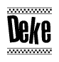 The clipart image displays the text Deke in a bold, stylized font. It is enclosed in a rectangular border with a checkerboard pattern running below and above the text, similar to a finish line in racing. 