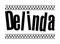 The image contains the text Delinda in a bold, stylized font, with a checkered flag pattern bordering the top and bottom of the text.
