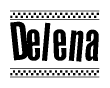 The image contains the text Delena in a bold, stylized font, with a checkered flag pattern bordering the top and bottom of the text.