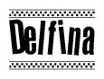 The image contains the text Delfina in a bold, stylized font, with a checkered flag pattern bordering the top and bottom of the text.