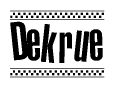 The image contains the text Dekrue in a bold, stylized font, with a checkered flag pattern bordering the top and bottom of the text.