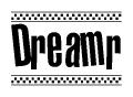 The image is a black and white clipart of the text Dreamr in a bold, italicized font. The text is bordered by a dotted line on the top and bottom, and there are checkered flags positioned at both ends of the text, usually associated with racing or finishing lines.