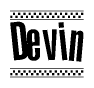 The clipart image displays the text Devin in a bold, stylized font. It is enclosed in a rectangular border with a checkerboard pattern running below and above the text, similar to a finish line in racing. 