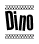 The clipart image displays the text Dino in a bold, stylized font. It is enclosed in a rectangular border with a checkerboard pattern running below and above the text, similar to a finish line in racing. 