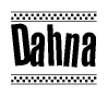 The image is a black and white clipart of the text Dahna in a bold, italicized font. The text is bordered by a dotted line on the top and bottom, and there are checkered flags positioned at both ends of the text, usually associated with racing or finishing lines.