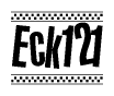 The image is a black and white clipart of the text Eck121 in a bold, italicized font. The text is bordered by a dotted line on the top and bottom, and there are checkered flags positioned at both ends of the text, usually associated with racing or finishing lines.