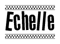 The image is a black and white clipart of the text Echelle in a bold, italicized font. The text is bordered by a dotted line on the top and bottom, and there are checkered flags positioned at both ends of the text, usually associated with racing or finishing lines.